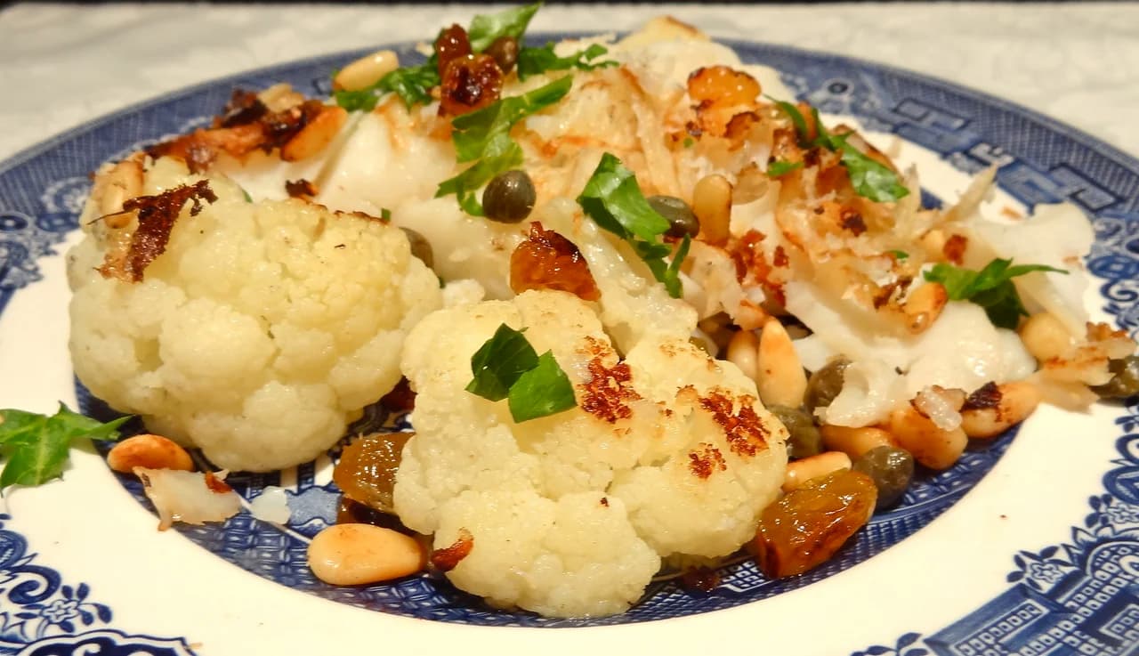 Seared Cod with Cauliflower, Pine Nuts, Capers and Raisins