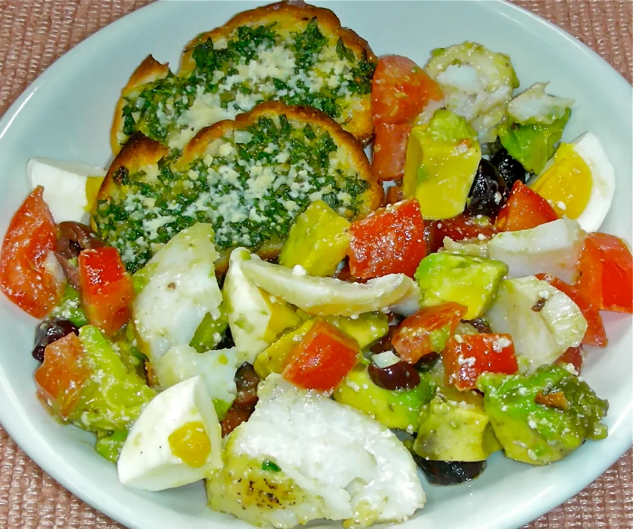 Grilled Halibut Salad with Avocado, Tomato, Olives and Egg with Garlic-Herb Toasts