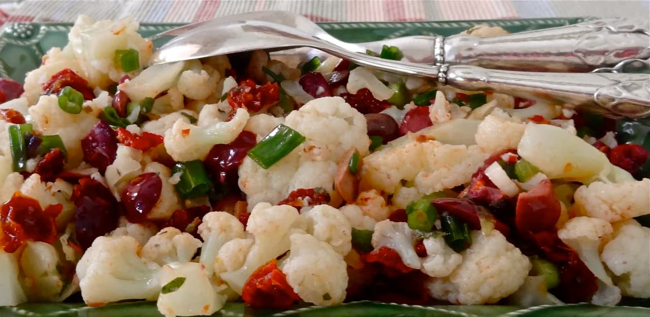 Cauliflower Salad with Olives, Sun Dried Tomatoes and Peas