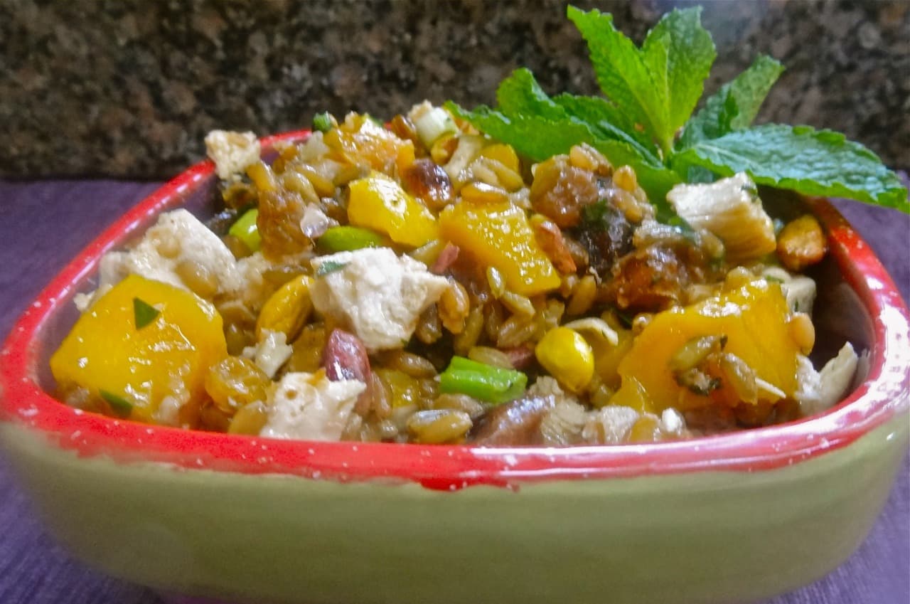 Chicken Freekeh Salad with Mango, Dates and Pistachios
