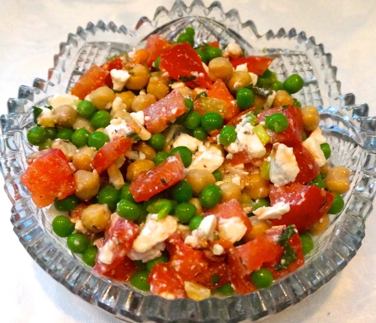 Tomato Salad with Chick Peas, Feta and Peas