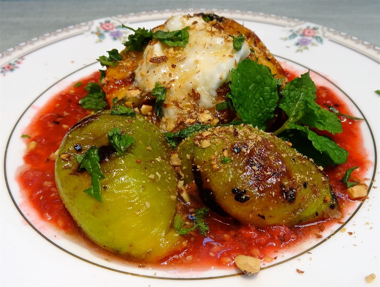 Grilled Peach and Fig Melba with Yogurt, Honey, Nuts and Mint