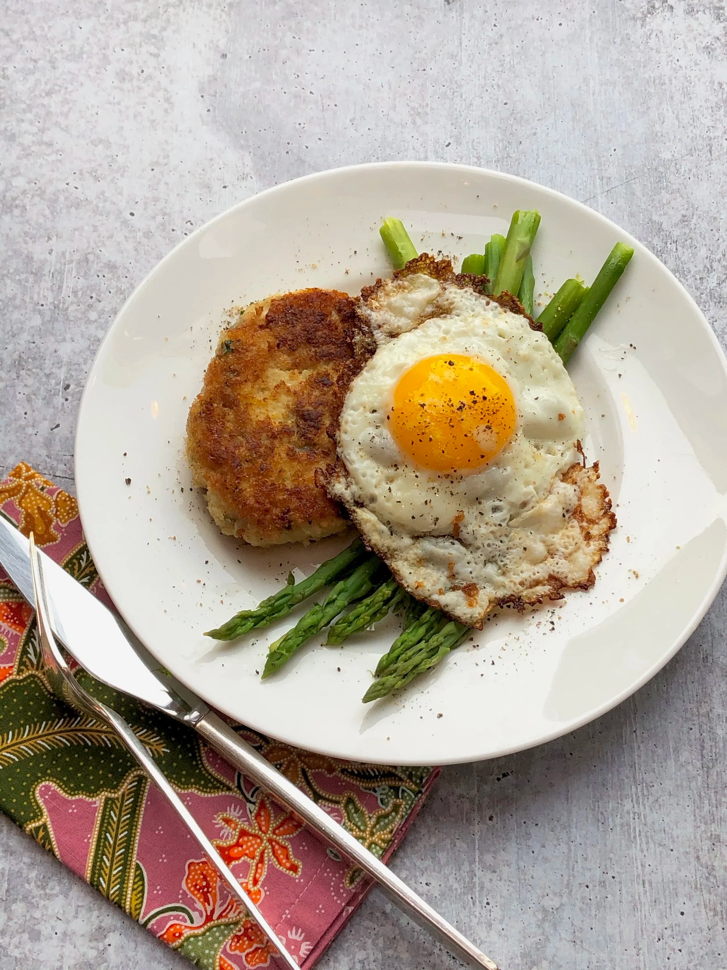 Whitefish Cakes with Asparagus and Egg