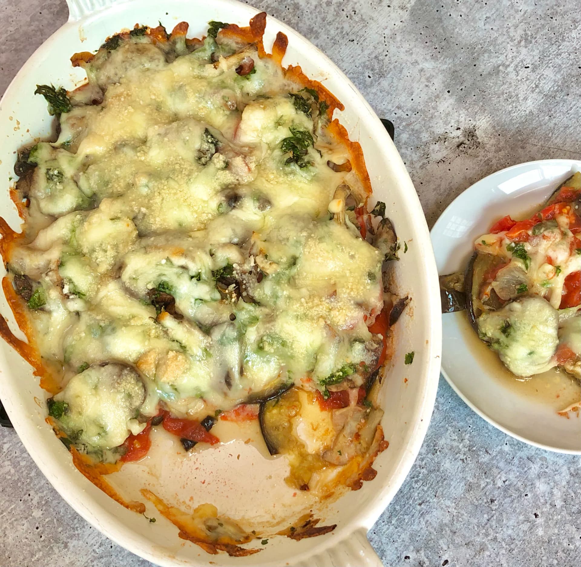 Roasted Eggplant, Tomato and Mushroom Gratin