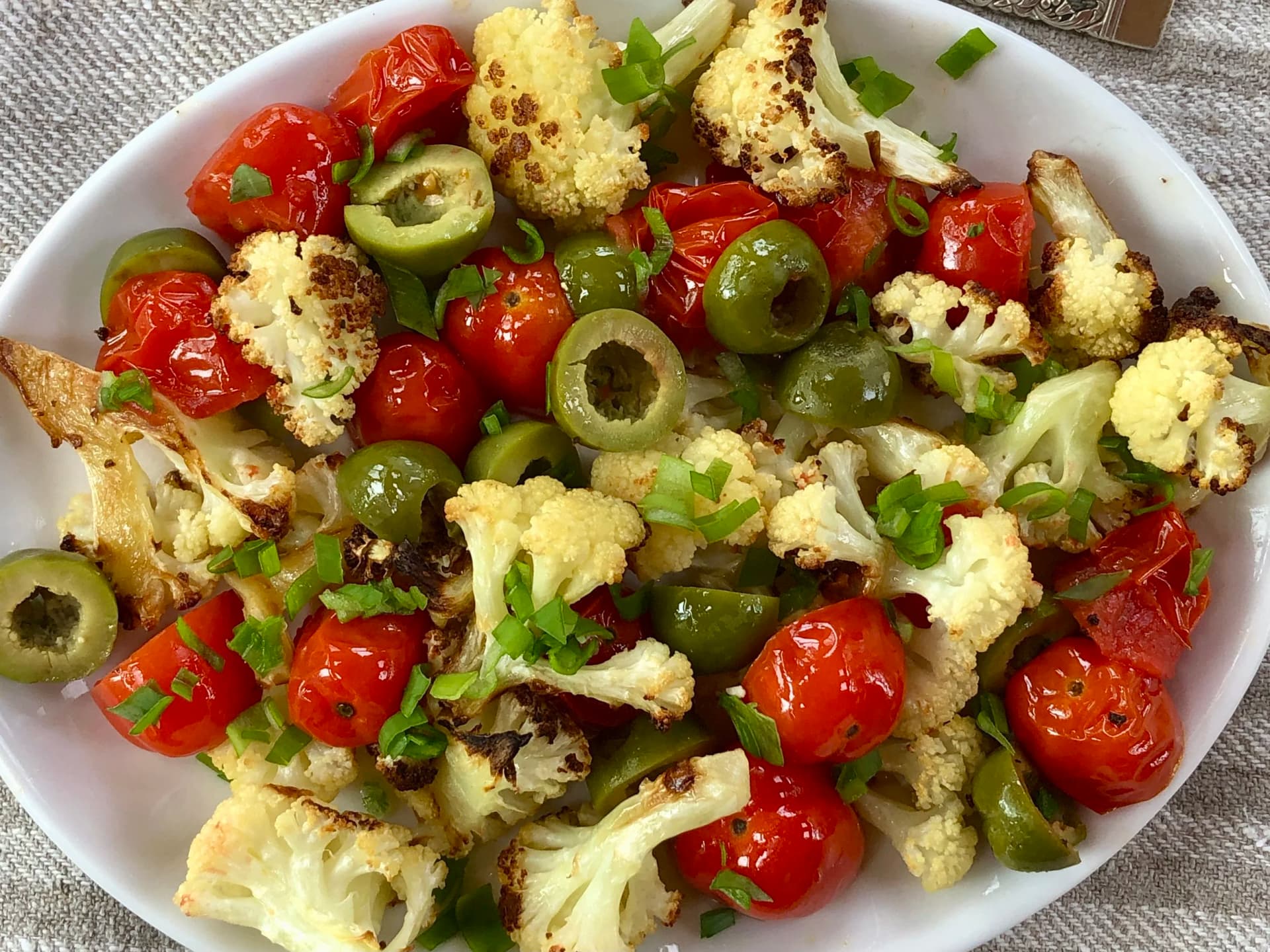 Roasted Cauliflower with Tomatoes and Green Olives