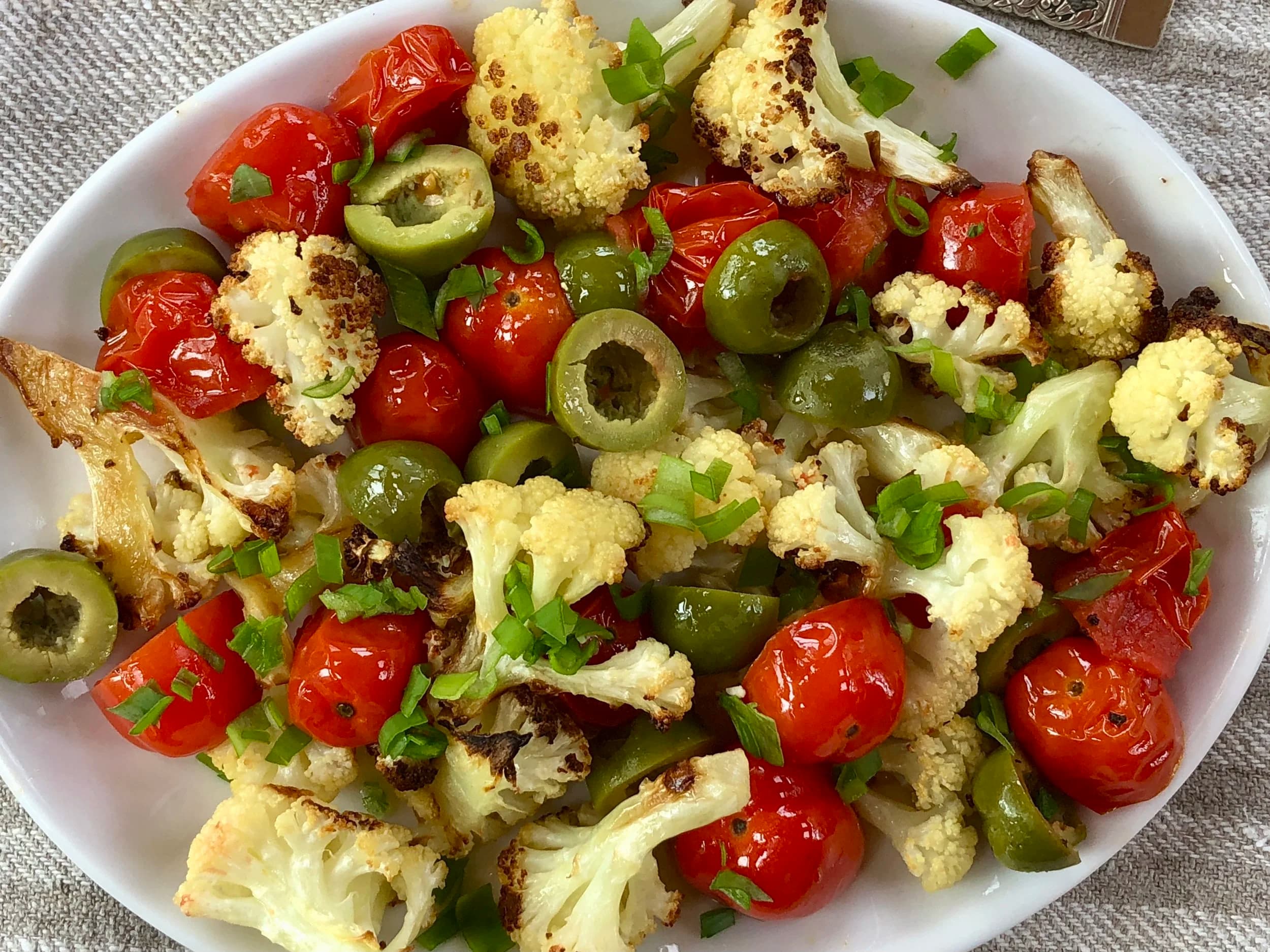 Roasted Cauliflower with Tomatoes and Green Olives