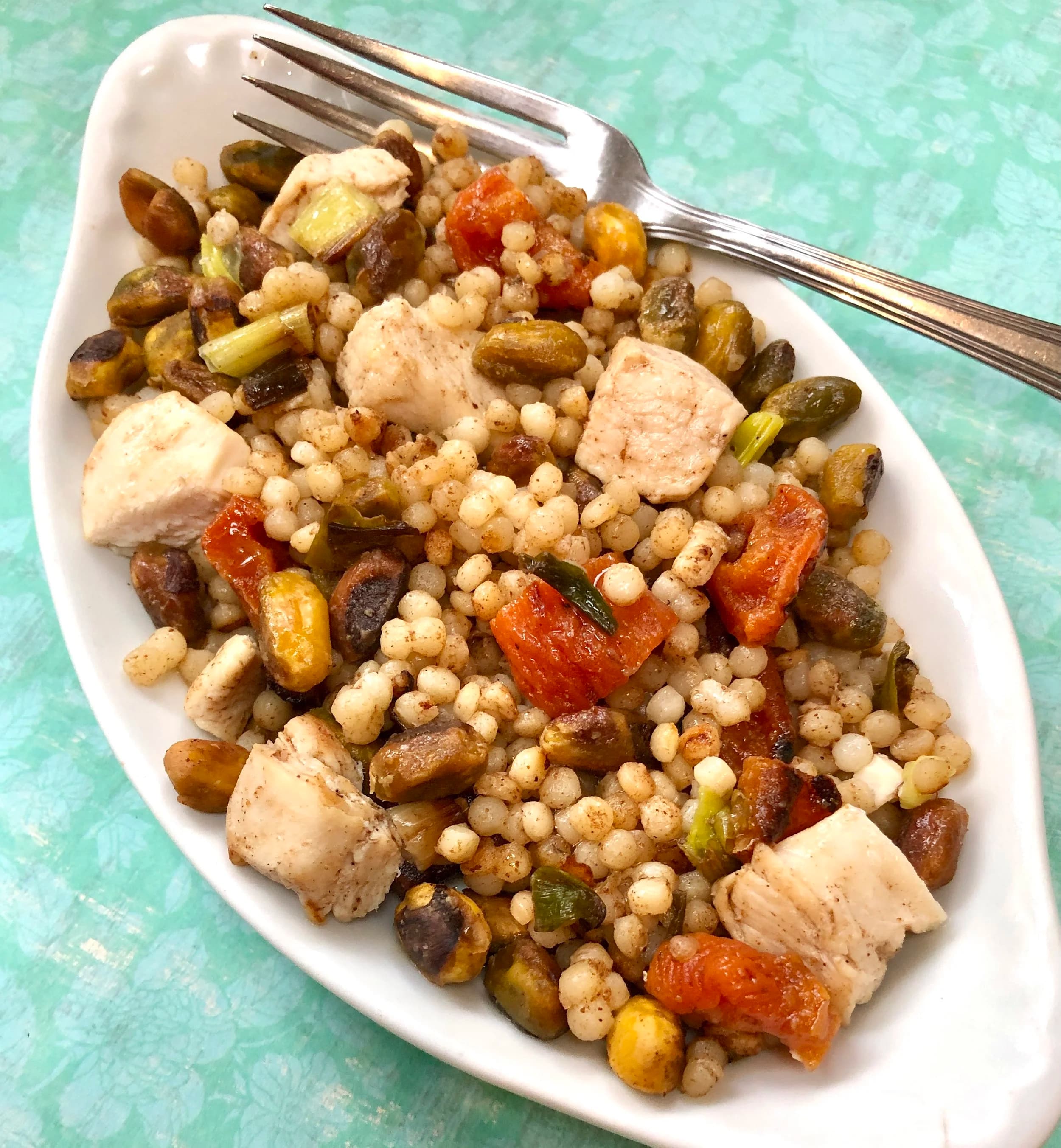Stirfried Couscous with Chicken, Dried Apricots and Pistachios